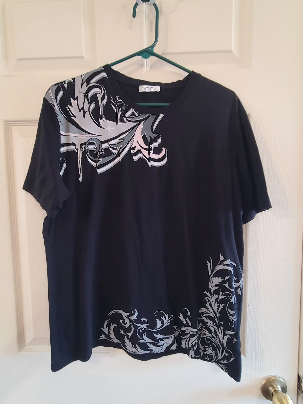 Versace Collection Men's Black Graphic Crew Neck Shirt with Silver Scroll Design
